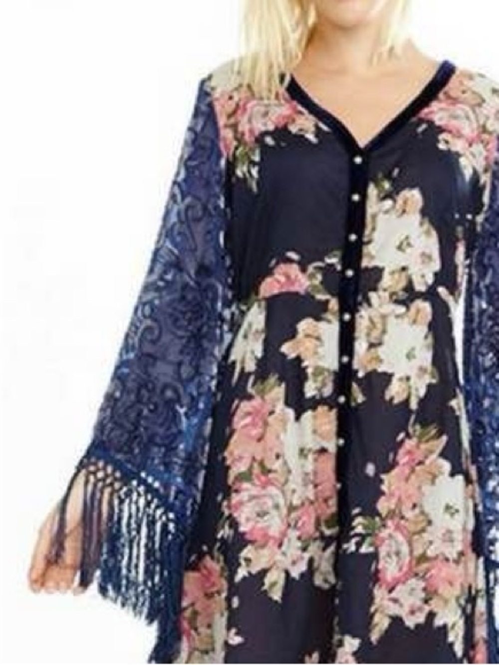 NWT Aratta Silent Journey Dress - burn out velvet Fringe sleeve floral blue M